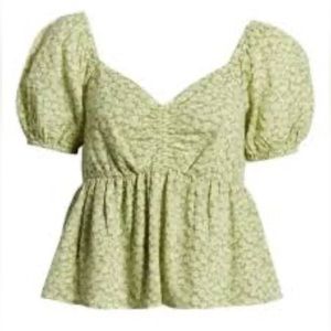 BP Babydoll Peplum Top Womens Green Floral Puff Sleeve Sweatheart Neck